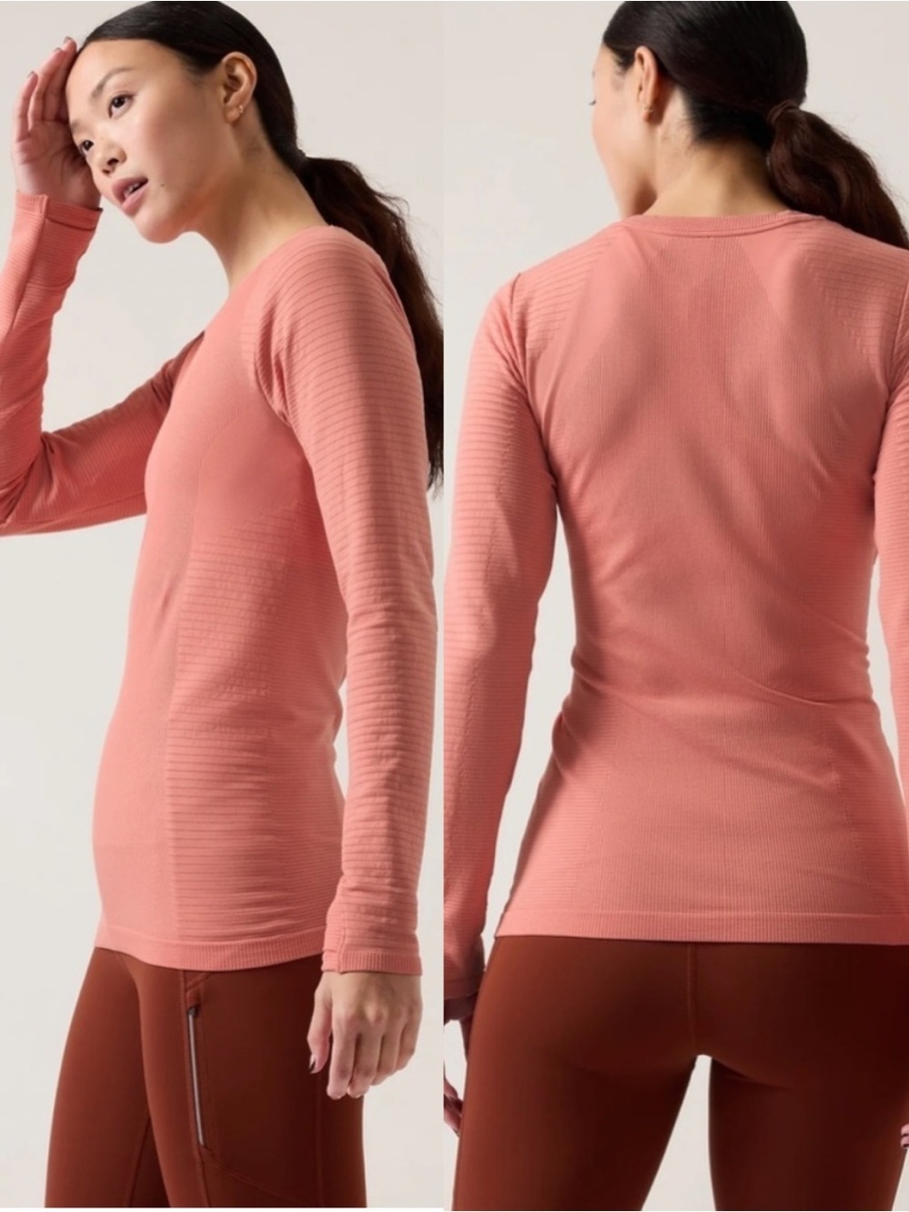Athleta Flurry Blizzard Ribbed Seamless Crewneck Long Sleeve Top, Peach size M